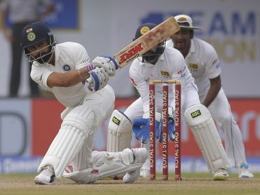 Indian cricket captain Virat Kohli plays a shot during the fourth day's play of the first test cricket match between India and Sri Lanka in Galle, Sri Lanka, Saturday, July 29, 2017. (AP Photo/Eranga Jayawardena)