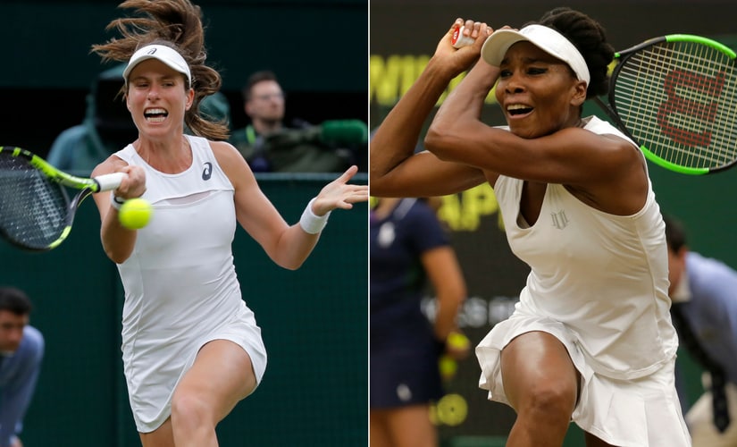 Johanna Konta, left, will face five-time champion Venus Williams in the Wimbledon semi-finals. AP