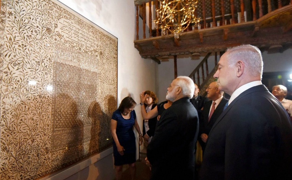 Narendra Modi, accompanied by Israeli prime minister Benjamin Netanyahu, then visited the Israel Museum in Jerusalem for an exhibition of Indian Jewish heritage. PTI Narendra Modi, accompanied by Israeli prime minister Benjamin Netanyahu, then visited the Israel Museum in Jerusalem for an exhibition of Indian Jewish heritage. PTI