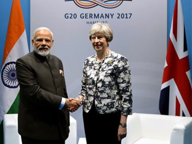Narendra Modi with UK Prime Minister Theresa May at the G20 Summit in Hamburg. Twitter @MEAIndia