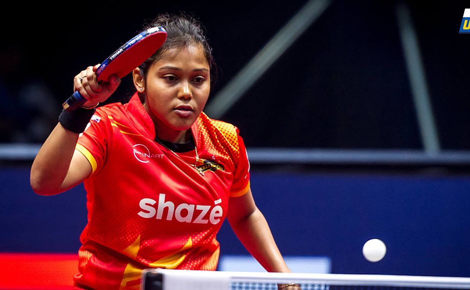 Mouma Das got a valuable point in her defeat to Sabine Winter. Image Courtesy: Facebook/UltimateTableTennis Mouma Das got a valuable point in her defeat to Sabine Winter. Image Courtesy: Facebook/UltimateTableTennis