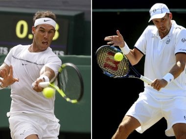 Spain's Rafael Nadal returns to Russia's Karen Khachanov during their Men's Singles Match on day five at the Wimbledon Tennis Championships in London Friday, July 7, 2017. (AP Photo/Alastair Grant)