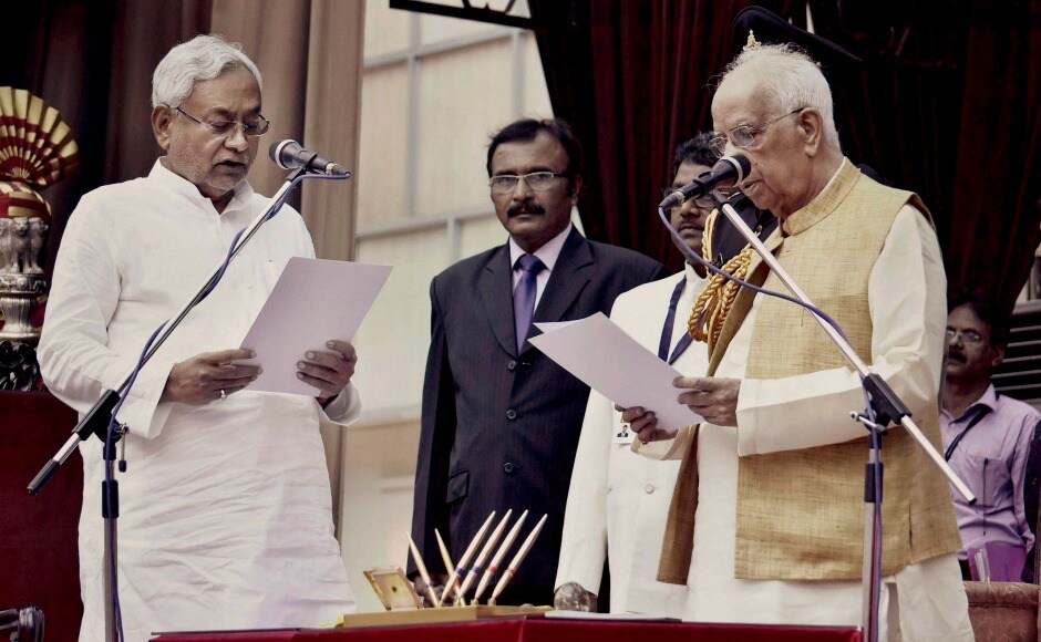 Bihar governor Keshari Nath Tripathi administers oath to JD(United) president Nitish Kumar as Chief Minister of Bihar at Raj Bhawan. Nitish Kumar returned as the Bihar chief minister for the sixth time. The development occurred barely a day after his dramatic resignation on Wednesday. Kumar's political manoeuvre dented the Opposition's unity, which could have a bearing on the 2019 Lok Sabha polls. PTI Bihar governor Keshari Nath Tripathi administers oath to JD(United) president Nitish Kumar as Chief Minister of Bihar at Raj Bhawan. Nitish Kumar returned as the Bihar chief minister for the sixth time. The development occurred barely a day after his dramatic resignation on Wednesday. Kumar's political manoeuvre dented the Opposition's unity, which could have a bearing on the 2019 Lok Sabha polls. PTI