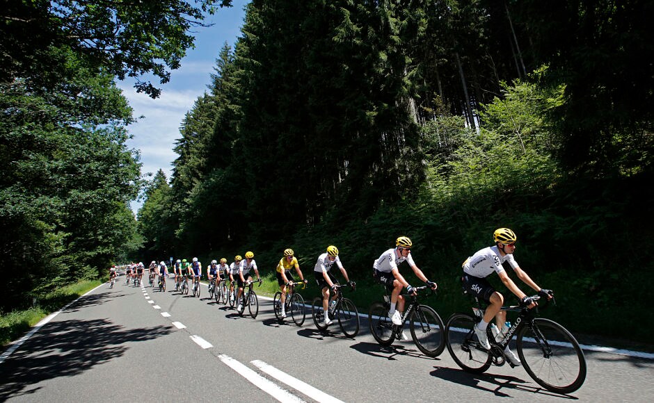 The pack with team Sky and Britain's Geraint Thomas, wearing the overall leader's yellow jersey, rides during the third stage of the Tour de France cycling race. AP The pack with team Sky and Britain's Geraint Thomas, wearing the overall leader's yellow jersey, rides during the third stage of the Tour de France cycling race. AP