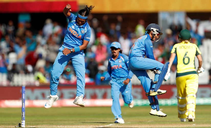 Cricket - Australia vs India - Women's Cricket World Cup Semi Final - Derby, Britain - July 20, 2017 India's Shikha Pandey celebrates the wicket of Australia's Beth Mooney Action Images via Reuters/Lee Smith - RTX3C9GB