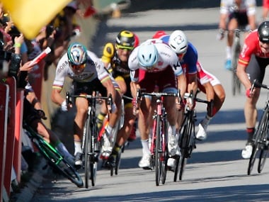 Peter Sagan of Slovakia, left, sprints as Britain's Mark Cavendish crashes. AP