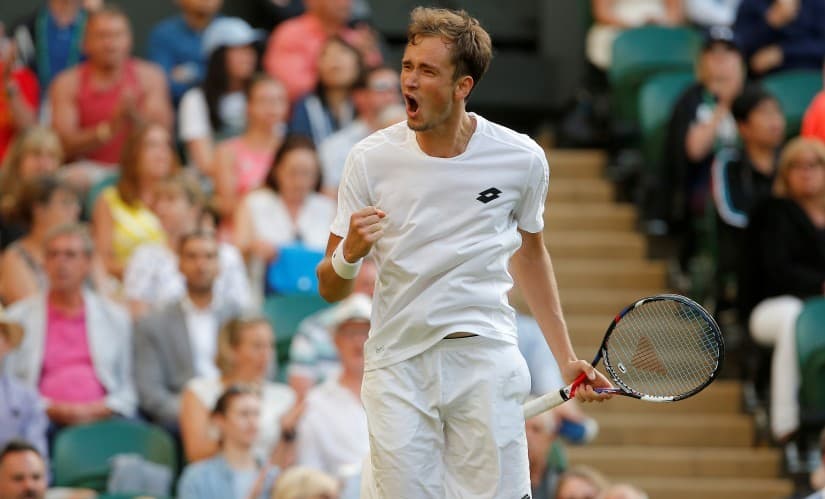 Russias Daniil Medvedev celebrates winning the third set during his first round match against Switzerlands Stan Wawrinka. Reuters 