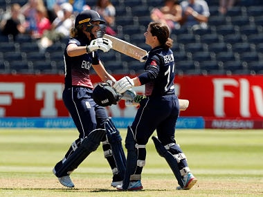 Cricket - England vs South Africa - Women's Cricket World Cup - Bristol, Britain - July 5, 2017 Englands Tammy Beaumont (R) celebrates her century with Sarah Taylor Action Images via Reuters/John Sibley - RTX3A464