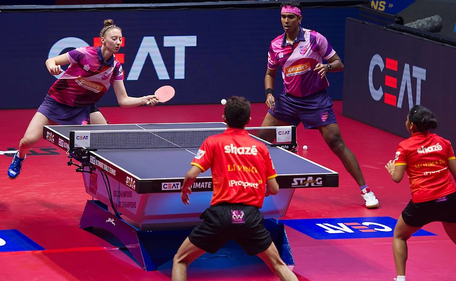 Sofia Polcanova & Sharath Kamal defeated the pair of Li Ping & Mouma Das 2-1 in their mixed doubles match. Image Courtesy: Facebook/UltimateTableTennis Sofia Polcanova & Sharath Kamal defeated the pair of Li Ping & Mouma Das 2-1 in their mixed doubles match. Image Courtesy: Facebook/UltimateTableTennis