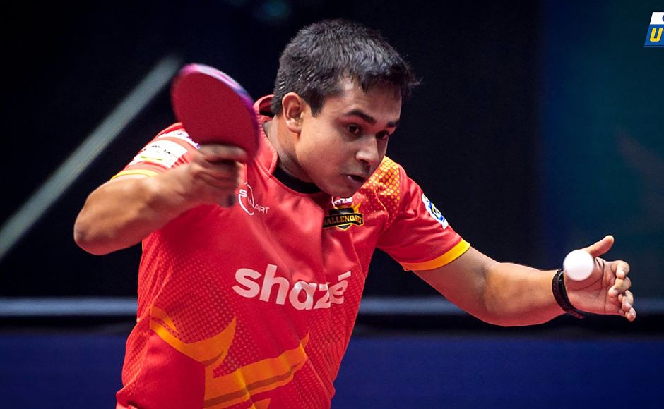 Soumyajit Ghosh won the Challengers' first match of the night against Stefan Fegerl. Image Courtesy: Facebook/UltimateTableTennis Soumyajit Ghosh won the Challengers' first match of the night against Stefan Fegerl. Image Courtesy: Facebook/UltimateTableTennis