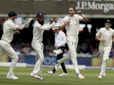 England’s Stuart Broad, third left, celebrates taking the wicket of South Africa’s Heino Kuhn, not pictured, during the first test between England and South Africa at Lord’s cricket ground in London, Friday, July 7, 2017. (AP Photo/Matt Dunham)