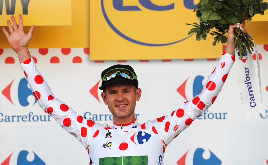 Nathan Brown of the U.S., wearing the best climber's jersey, celebrates on the podium after the third stage of the Tour de France cycling race over 212.5 kilometers (132 miles) with start in Verviers, Belgium and finish in Longwy, France. AP Nathan Brown of the U.S., wearing the best climber's jersey, celebrates on the podium after the third stage of the Tour de France cycling race over 212.5 kilometers (132 miles) with start in Verviers, Belgium and finish in Longwy, France. AP