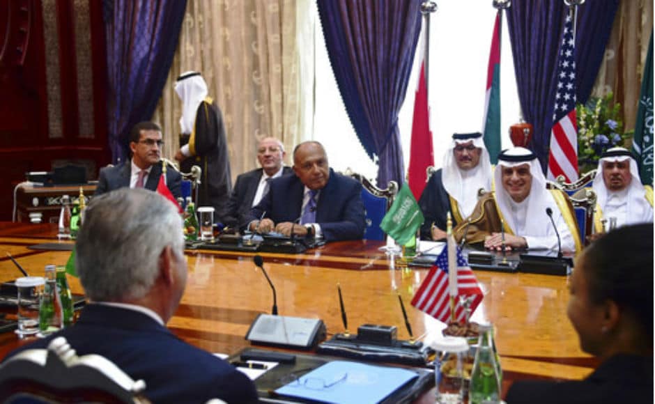 The Secretary of State also met the foreign ministers of Saudi Arabia, Egypt, the United Arab Emirates and Bahrain in an attempt to mend fences between the crucial US allies. AP The Secretary of State also met the foreign ministers of Saudi Arabia, Egypt, the United Arab Emirates and Bahrain in an attempt to mend fences between the crucial US allies. AP