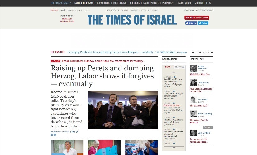 Screenshot of Times of Israel.