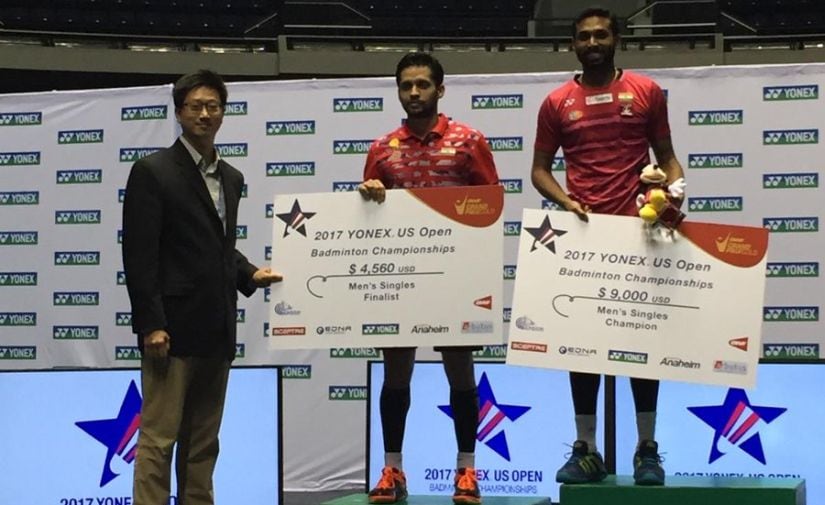 US Open winner HS Prannoy and runner-up Parupalli Kashyap on the podium after their final match. Image courtesy: Twitter/@USABadminton