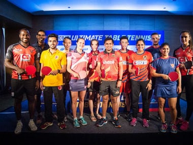 All the participants pose ahead of the tournament in Chennai. Twitter: @UltTableTennis