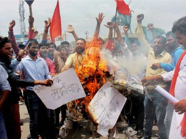 Bajrang Dal and Vishwa Hindu Parishad activists protest against the militant attack on Amarnath pilgrims, in Bhopal on Tuesday. PTI