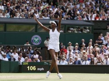 Venus Williams celebrates after beating Johanna Konta in the semi-final. AP
