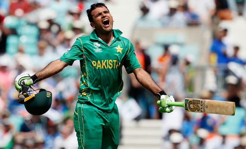 Fakhar Zaman celebrates after scoring a century during the ICC Champions Trophy final. AP