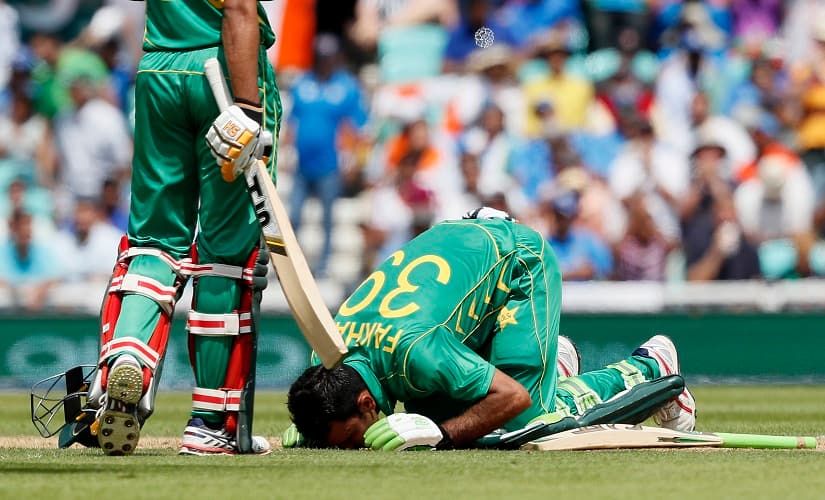 Pakistan’s Fakhar Zaman kisses the ground as he celebrates his century. AP