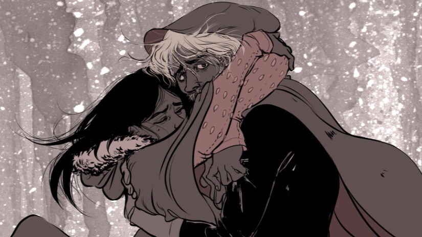 Jeyne with Theon after jumping from the ramparts of Winterfell. Illustration by Juliana Pinho on DeviantArt