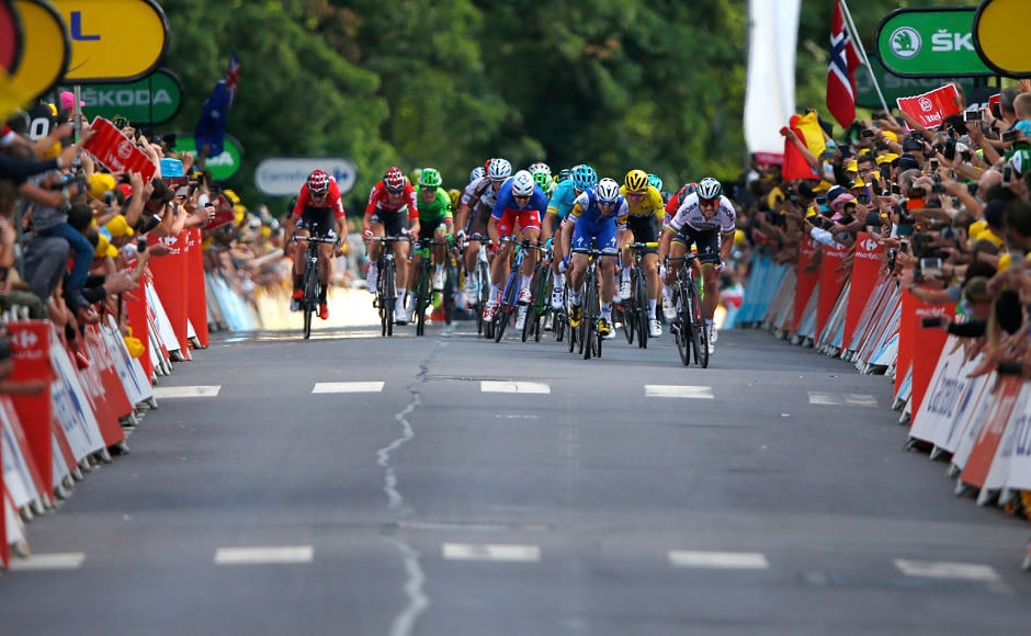 Peter Sagan of Slovakia, far right, leads the sprint of the pack to to win the third stage of the Tour de France cycling race. AP Peter Sagan of Slovakia, far right, leads the sprint of the pack to to win the third stage of the Tour de France cycling race. AP