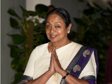 Meira Kumar attending the UPA meeting on Sunday. PTI