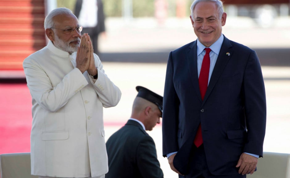 Prime Minister Narendra Modi joins his hands as a mark of respect for Israeli prime minister Benjamin Netanyahu. AP Prime Minister Narendra Modi joins his hands as a mark of respect for Israeli prime minister Benjamin Netanyahu. AP