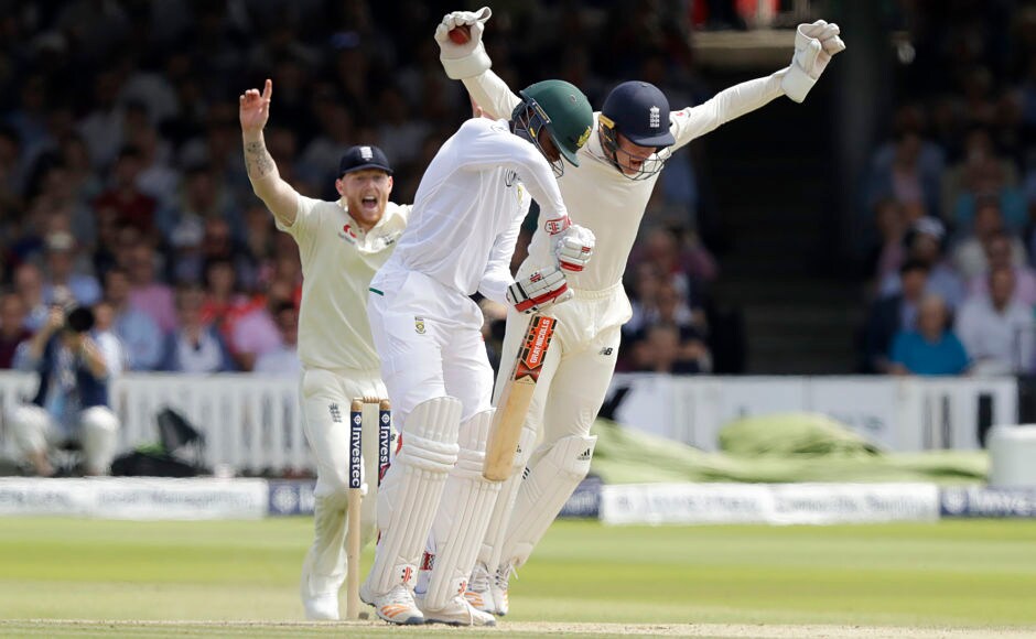 The day began with South Africa losing both its overnight batsmen in quick succession. South Africa's Kagiso Rabada caught behind by Johnny Bairstow off Liam Dawson. AP The day began with South Africa losing both its overnight batsmen in quick succession. South Africa's Kagiso Rabada caught behind by Johnny Bairstow off Liam Dawson. AP