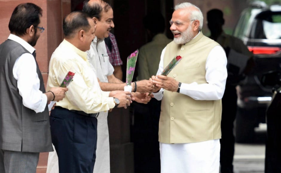 Prime Minister Narendra Modi was welcomed by Parliamentary Affairs Minister Ananth Kumar, Minister of State for Parliamentary Affairs Mukhtar Abbas Naqvi and Minister of State in Prime Minister's Office Jitendra Singh before the start of the Session. Modi then walked up to the Opposition benches and greeted leaders who were seated in the front row. PTI Prime Minister Narendra Modi was welcomed by Parliamentary Affairs Minister Ananth Kumar, Minister of State for Parliamentary Affairs Mukhtar Abbas Naqvi and Minister of State in Prime Minister's Office Jitendra Singh before the start of the Session. Modi then walked up to the Opposition benches and greeted leaders who were seated in the front row. PTI