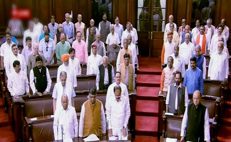 Members pay tribute to the departed sitting members in the Rajya Sabha in New Delhi on the opening day of the Monsoon Session. PTI Members pay tribute to the departed sitting members in the Rajya Sabha in New Delhi on the opening day of the Monsoon Session. PTI