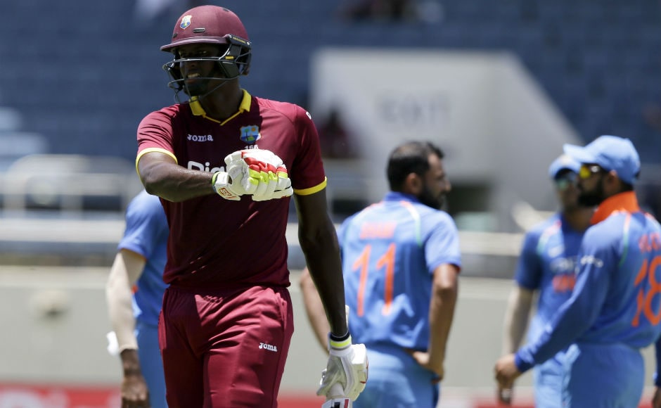 Windies captain Jason Holder leaves the field after being dismissed during the 5th ODI of the series against India at the Sabina Park in Kingston, Jamaica. AP Windies captain Jason Holder leaves the field after being dismissed during the 5th ODI of the series against India at the Sabina Park in Kingston, Jamaica. AP