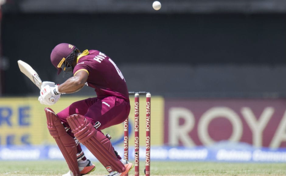 Windies' Shai Hope ducks the ball during the 5th ODI against India at Sabina Park in Kingston, Jamaica. AFP Windies' Shai Hope ducks the ball during the 5th ODI against India at Sabina Park in Kingston, Jamaica. AFP