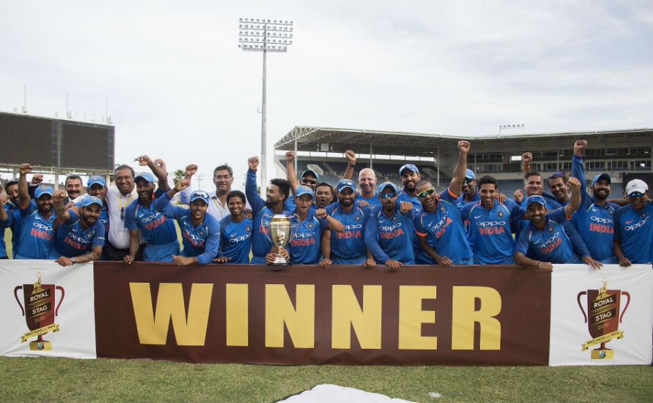 India celebrate their victory and winning of the series after finishing the 5th ODI against Windies at Sabina Park in Kingston, Jamaica. AFP India celebrate their victory and winning of the series after finishing the 5th ODI against Windies at Sabina Park in Kingston, Jamaica. AFP