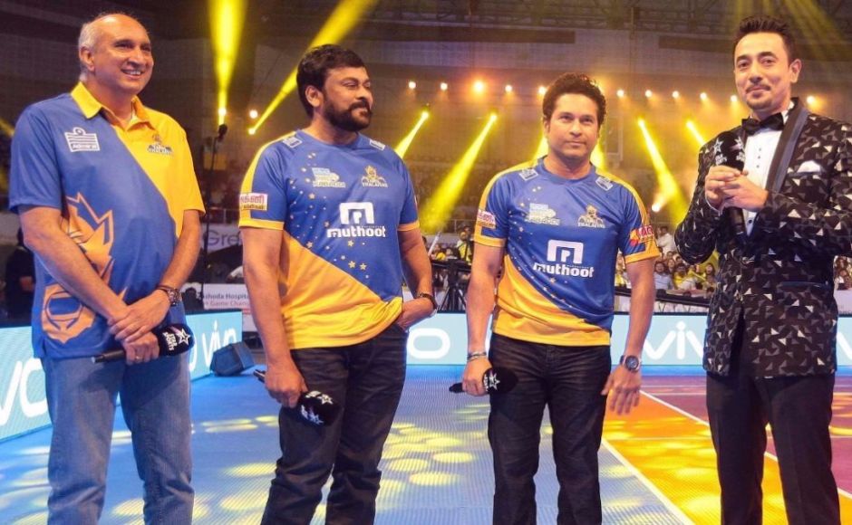 Sachin Tendulkar, co-owner of the recently inducted Tamil Thalaivas team, seen with Telugu Star Chiranjeevi. Image Courtesy: Twitter/@prokabaddi Sachin Tendulkar, co-owner of the recently inducted Tamil Thalaivas team, seen with Telugu Star Chiranjeevi. Image Courtesy: Twitter/@prokabaddi