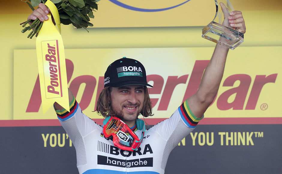Stage winner Peter Sagan of Slovakia celebrates on the podium after the third stage of the Tour de France. AP Stage winner Peter Sagan of Slovakia celebrates on the podium after the third stage of the Tour de France. AP