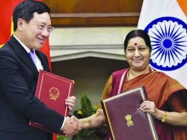 External Affairs Minister Sushma Swaraj shakes hand with Vietnam's Deputy Prime Minister and Minister of Foreign Affairs Pham Binh Minh in New Delhi. PTI