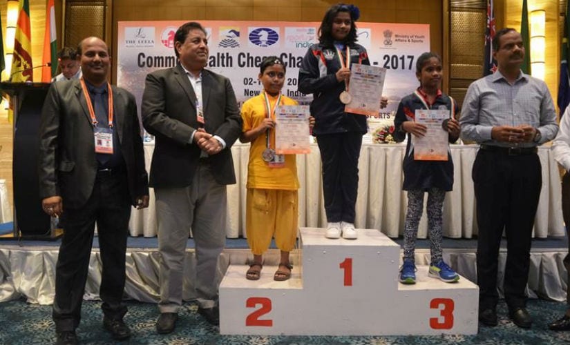 Sahithi standing at the number one position at the Commonwealth Championships 2017.