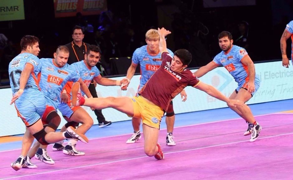UP Yoddhas defender Haji Tajik attempts to win a raid point for his side. Image courtesy:Facebook page of Pro Kabaddi UP Yoddhas defender Haji Tajik attempts to win a raid point for his side. Image courtesy:Facebook page of Pro Kabaddi