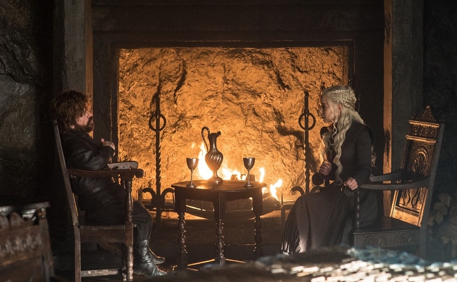 Episode six — Beyond the Wall — features Tyrion Lannister (left) in a deep conversation with Daenerys Targaryen (right) in Dragonstone. Tyrion was shown worried in episode 5 after Daenerys incinerated Randyll Tarly and his son Dickon for not