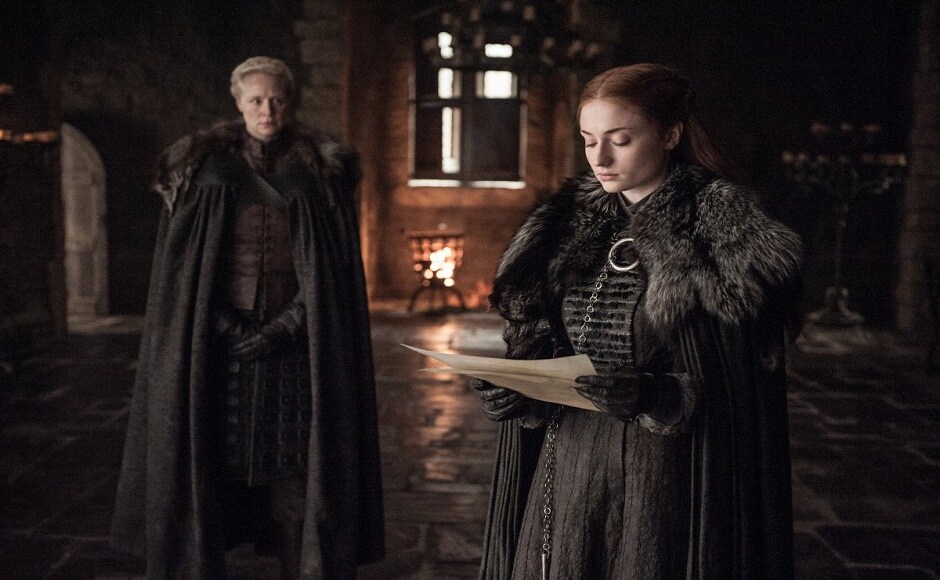 Sansa Stark is seen reading a parchment while Brienne of Tarth keenly watches her. Brienne had promised Catelyn Stark that she would ensure the safety of her two daughters. And going by the storyline, she has been successful in keeping her word. It will be interesting to see what Sansa has in store for Brienne, while she is the ruling Lady of Winterfell in Jon's absence. Image via HBO.