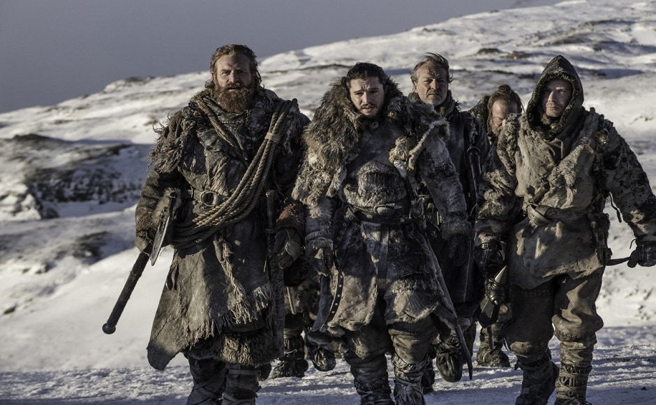 Jon Snow ventures on an expedition to capture a wight along with his wilding friend Tormund, Gendry, Jorah Mormont, Thoros of Myr, Beric Dondarrion and Sandor Clegane, The Hound. Image via HBO.