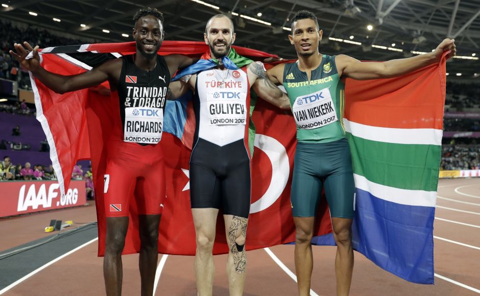 Gold medal winner Ramil Guliyev (centre) celebrates with silver medal winner Trinidad and Tobago's Jereem Richards (left) and bronze medal winner South Africa's Wayde van Niekerk (right). AP Gold medal winner Ramil Guliyev (centre) celebrates with silver medal winner Trinidad and Tobago's Jereem Richards (left) and bronze medal winner South Africa's Wayde van Niekerk (right). AP