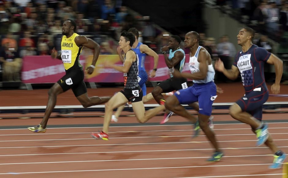 Usain Bolt was slow out of the blocks, but his massive stride easily made up the deficit. From the 70-meter mark, he made it look easy coasting to victory in his first-round heat of the 100 meters. AP Usain Bolt was slow out of the blocks, but his massive stride easily made up the deficit. From the 70-meter mark, he made it look easy coasting to victory in his first-round heat of the 100 meters. AP