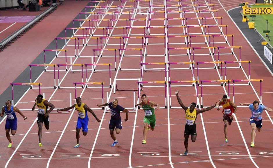 Omar McLeod ran a near clean race over the hurdles and even had to time to stretch out his arms as he raced across the line in 13.04 seconds, .10 seconds ahead of Shubenkov. AP Omar McLeod ran a near clean race over the hurdles and even had to time to stretch out his arms as he raced across the line in 13.04 seconds, .10 seconds ahead of Shubenkov. AP