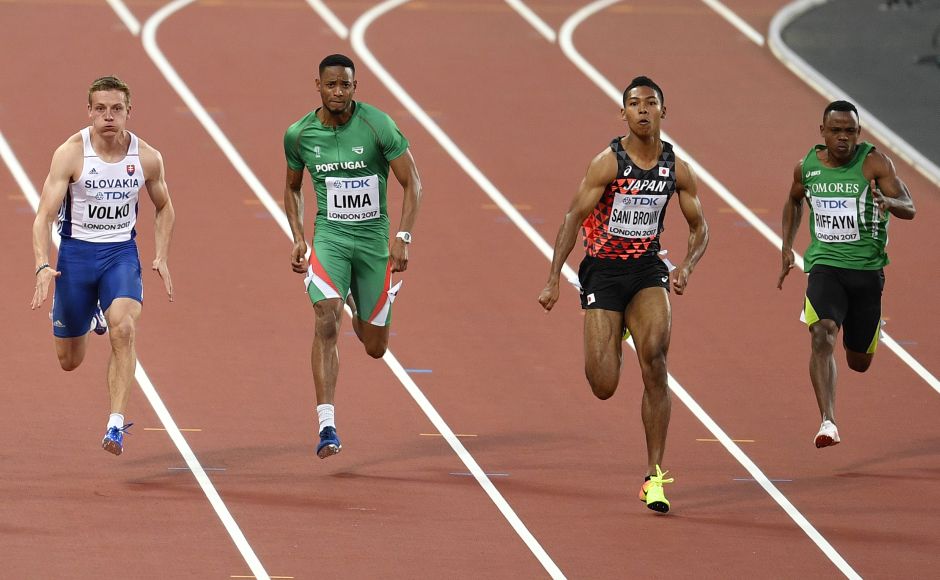 Japan's Abdul Hakim Sani Brown leads the field during his heat of the Men's 100 meters during the World Athletics Championships in London. He won the heat with a personal best timing of 10.05. AP Japan's Abdul Hakim Sani Brown leads the field during his heat of the Men's 100 meters during the World Athletics Championships in London. He won the heat with a personal best timing of 10.05. AP