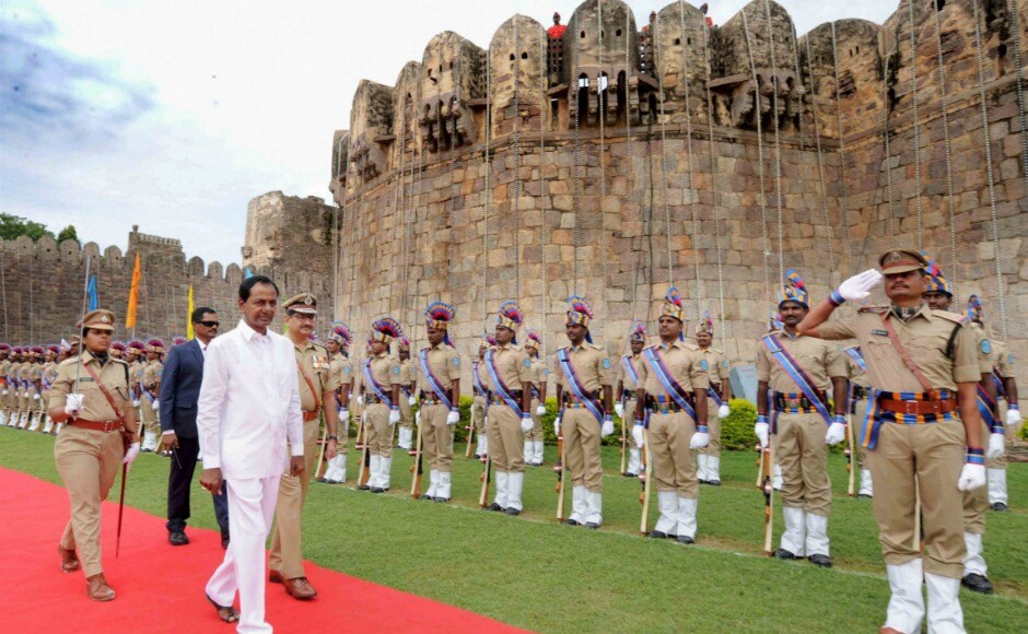 Telangana chief minister K Chandrasekhar Rao reviewed the parade during the Independence Day celebrations in Hyderabad. After unfurling the national flag, Rao said he will work towards providing more jobs in the state. PTI Telangana chief minister K Chandrasekhar Rao reviewed the parade during the Independence Day celebrations in Hyderabad. After unfurling the national flag, Rao said he will work towards providing more jobs in the state. PTI