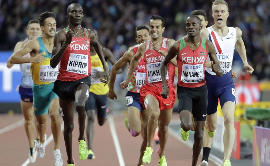 Kenya's Asbel Kiprop (L) stayed on course for a fourth straight world title in the 1,500 metres, coming from way back with a strong final kick to qualify for Sunday's final. Kiprop finished just behind Kenyan teammate Elijah Manangoi (R) to go through as automatic qualifiers. AP Kenya's Asbel Kiprop (L) stayed on course for a fourth straight world title in the 1,500 metres, coming from way back with a strong final kick to qualify for Sunday's final. Kiprop finished just behind Kenyan teammate Elijah Manangoi (R) to go through as automatic qualifiers. AP