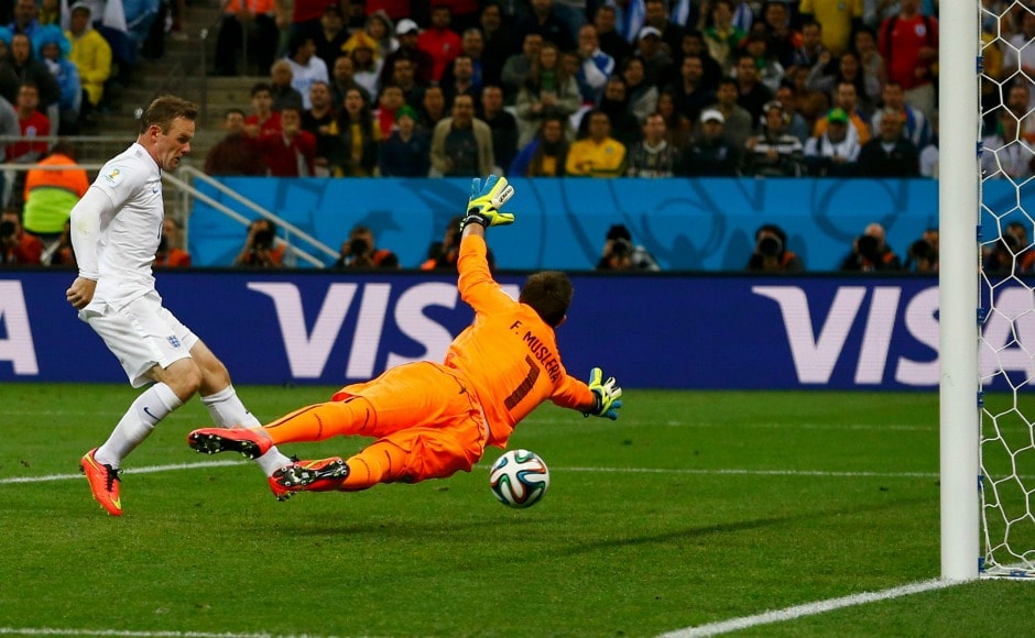 Even though Wayne Rooney was prolific in front of the goal, it took him his three World Cups to score his first goal in the tournament when he equalised for England against Uruguay in 2014. Reuters Even though Wayne Rooney was prolific in front of the goal, it took him his three World Cups to score his first goal in the tournament when he equalised for England against Uruguay in 2014. Reuters