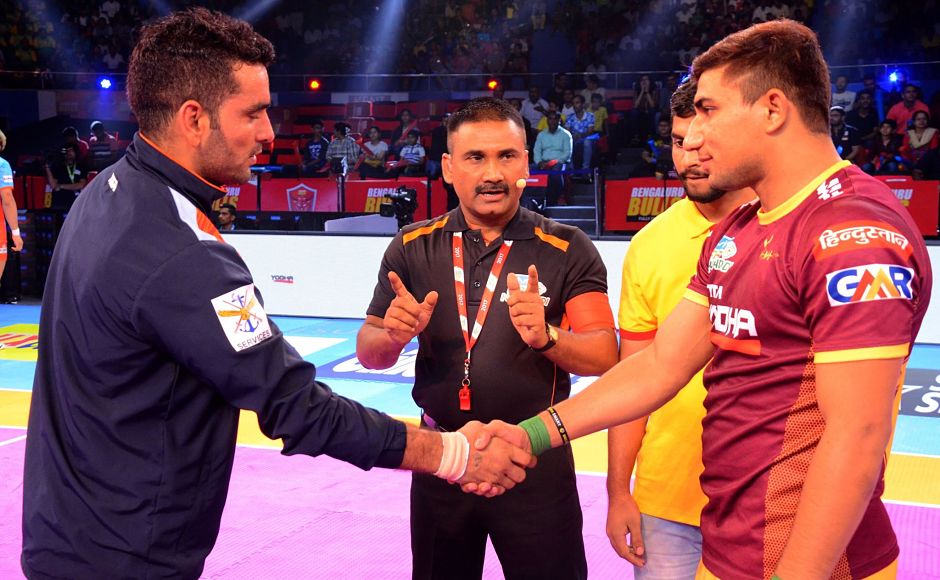 Captains Nitin Tomar (UP Yoddhas) and Surjeet Narwal (Patna Pirates) greet each other before the start of the first match Image Courtesy: Facebook page of Pro Kabaddi Captains Nitin Tomar (UP Yoddhas) and Surjeet Narwal (Patna Pirates) greet each other before the start of the first match Image Courtesy: Facebook page of Pro Kabaddi